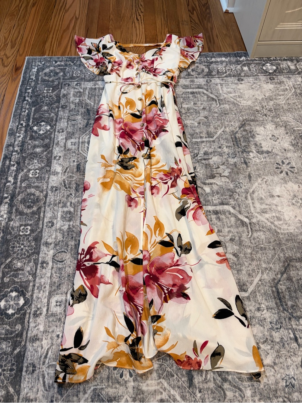 Iz Byer Cream Maxi Dress with Pink & Mustard Floral Print